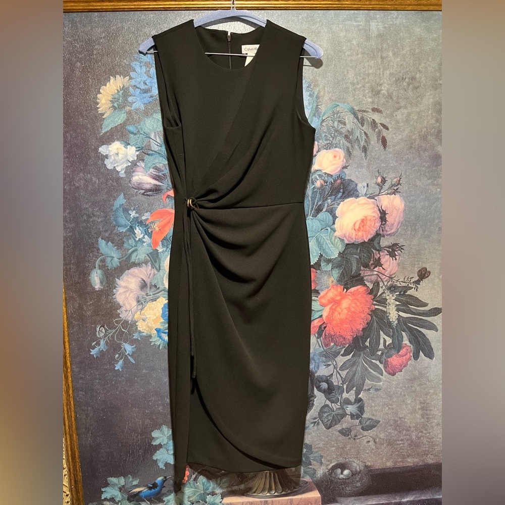 NWT Calvin Klein Black Midi Faux Wrap Dress
